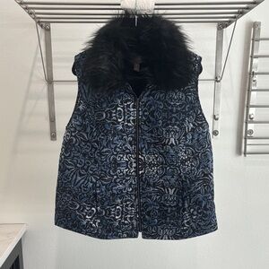 Chico's Black and Blue Floral Vest with Faux Fur Collar